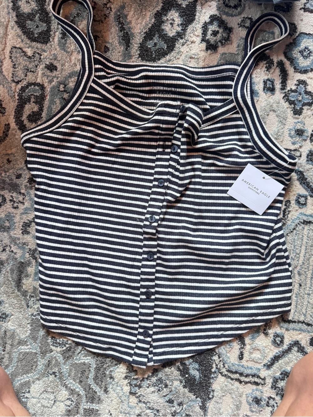American Eagle Outfitters Blue & White Striped Button-Front Crop Tank